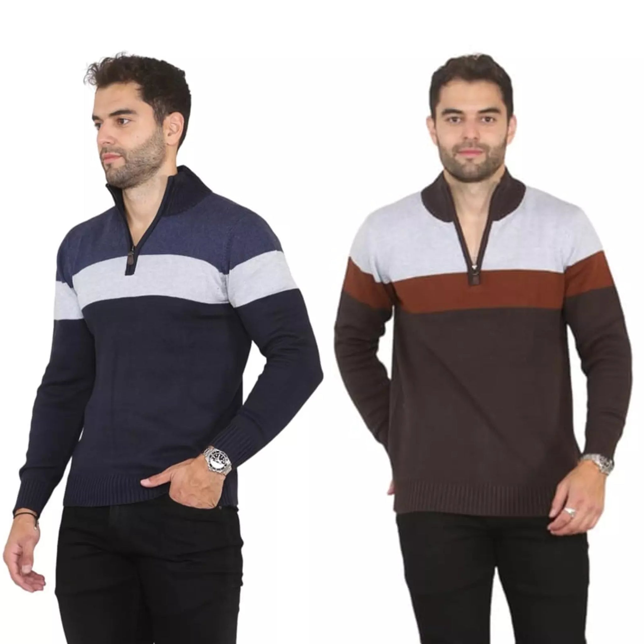 Men's blue or chestnut and grey colour block 1/4 zip cotton jumper with high collar
